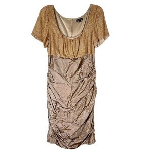 NWT Maria Bianca Nero Gold Sequin Silk Dress Tan Ruched Skirt Size L